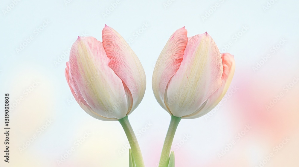 Fototapeta premium Professional Image of Pastel Floral Connection with Two Pink Tulip Buds Touching