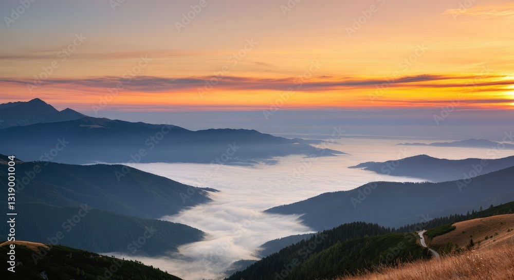 Stunning sunrise over mist-covered mountain valley with vibrant sky colors Stunning sunrise over mist-covered mountain valley with vibrant sky colors