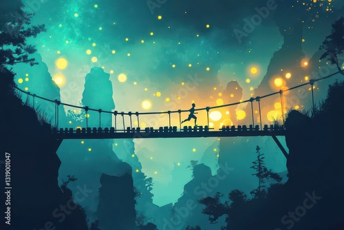 Whimsical Runner Crossing a Bridge in Serene Atmosphere
