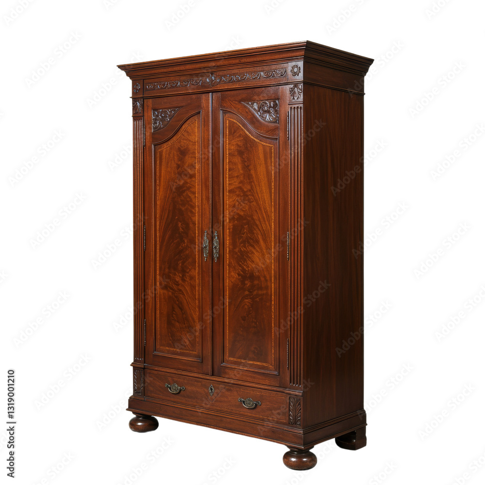 A wooden wardrobe with ornate detailing and two doors, designed for storage and organization. A wooden wardrobe with ornate detailing and two doors, designed for storage and organization.