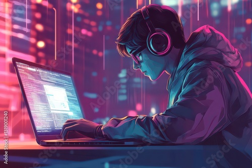Young Professional Working on Laptop in Futuristic Style