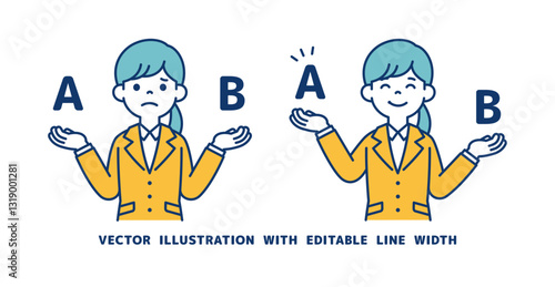 どちらか比較する、リクルートスーツを着た女性のベクターイラスト素材セット＿線幅の編集可能