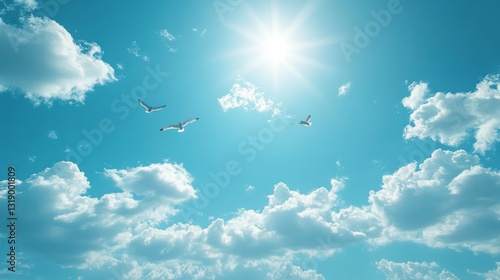 Azure summer sky with distant birds flying, surrounded by dreamy fluffy clouds 