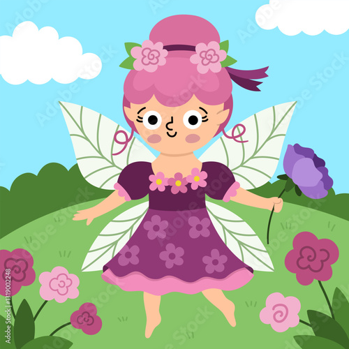 Vector square background with flower fairy. Fairyland landscape illustration. Cute scenery with magic princess with wings, meadow, sky. Fantasy nature scene illustration. Fairytale picture for kid
