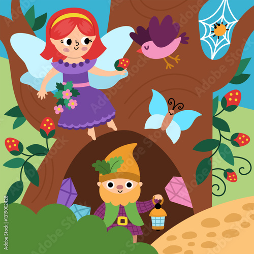 Vector square fairyland background with berry fairy feeding bird, dwarf. Magic land landscape. Woodland scenery with cute princess. Fantasy forest scene illustration. Fairytale picture