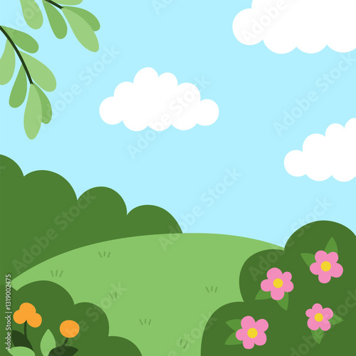Vector square nature backgrounds. Country, farm or village landscape. Cute scenery with meadow, tree, bushes, sky, flowers, clouds. Forest or woodland scene illustration for kids