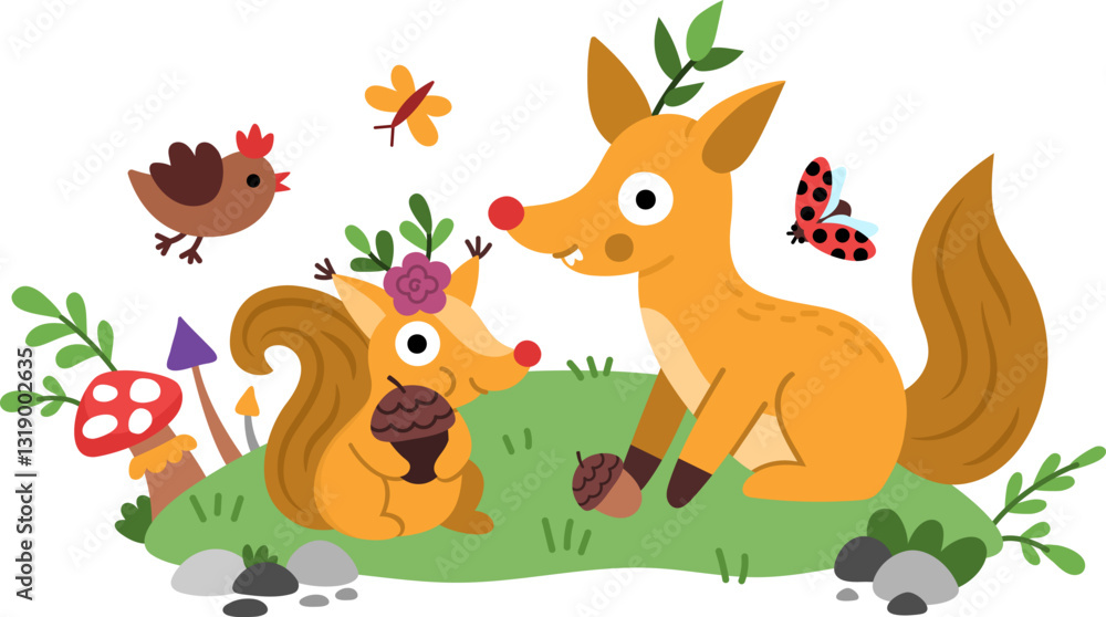 Vector scene with fairytale animals on meadow. Funny composition with squirrel, fox, bird. Cute scenery with magic creatures with acorns, mushroom. Fantasy illustration. Fairytale picture for kid Vector scene with fairytale animals on meadow. Funny composition with squirrel, fox, bird. Cute scenery with magic creatures with acorns, mushroom. Fantasy illustration. Fairytale picture for kid