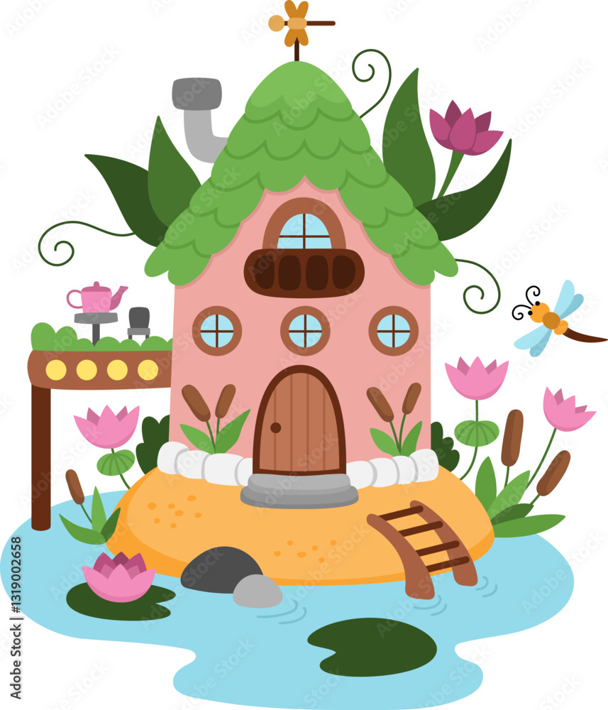 Fototapeta premium Vector swamp fairy house icon isolated on white background. Woodland princess home clipart. Fantasy forest cottage illustration. Magic fairytale dwelling with reeds, water lily, dragonfly