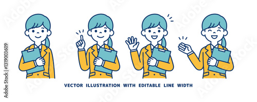 笑顔で資料・書類を持つ、リクルートスーツを着た女性のベクターイラスト素材セット＿線幅の編集可能