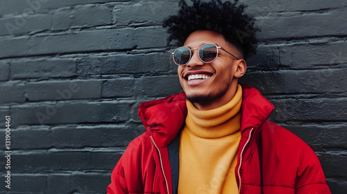Portrait of a confident and stylish young African American man with curly hair wearing a red jacket and sunglasses smiling in an urban street setting with a brick wall background