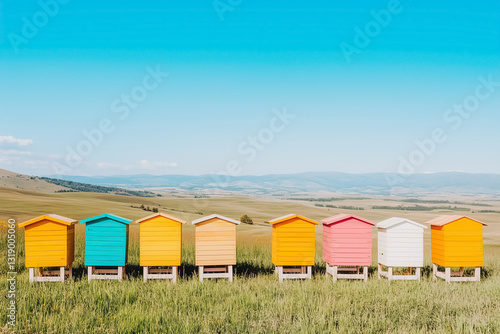 Colorful wooden beehives create a striking visual in a tranquil field, surrounded by rolling hills and a clear blue sky, showcasing the harmony between nature and beekeeping