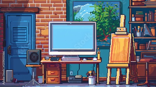 Pixel art illustration of a room with an easel and a computer.