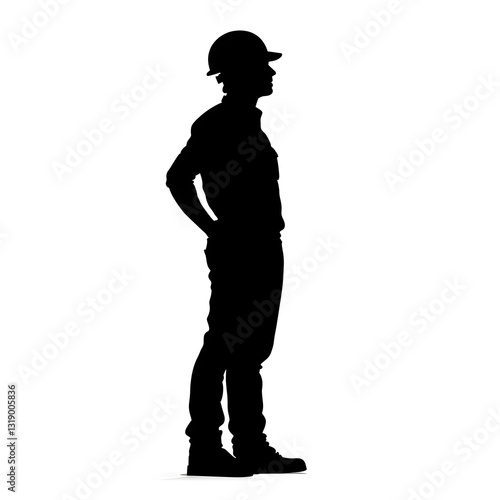 Silhouette of an attentive construction worker, wearing a hard hat, set against a clean background, representing diligence and safety.