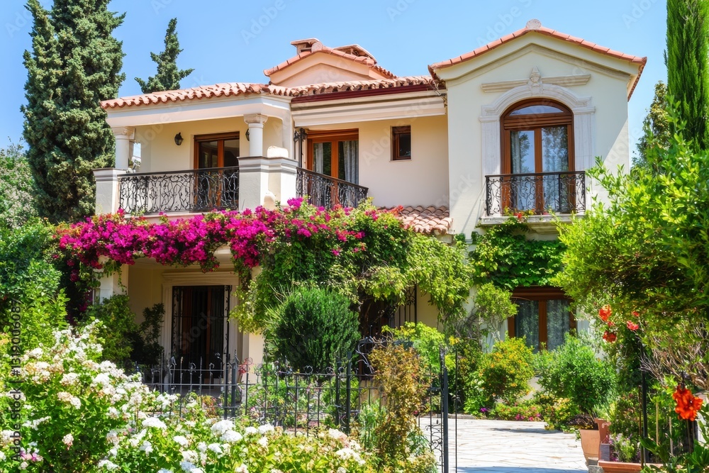 Fototapeta premium Close-up front view of Mediterranean villa with garden and wrought iron balcony