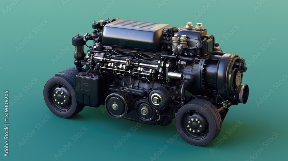 A heavy-duty truck engine with visible fuel injection components, isolated on a green background A heavy-duty truck engine with visible fuel injection components, isolated on a green background