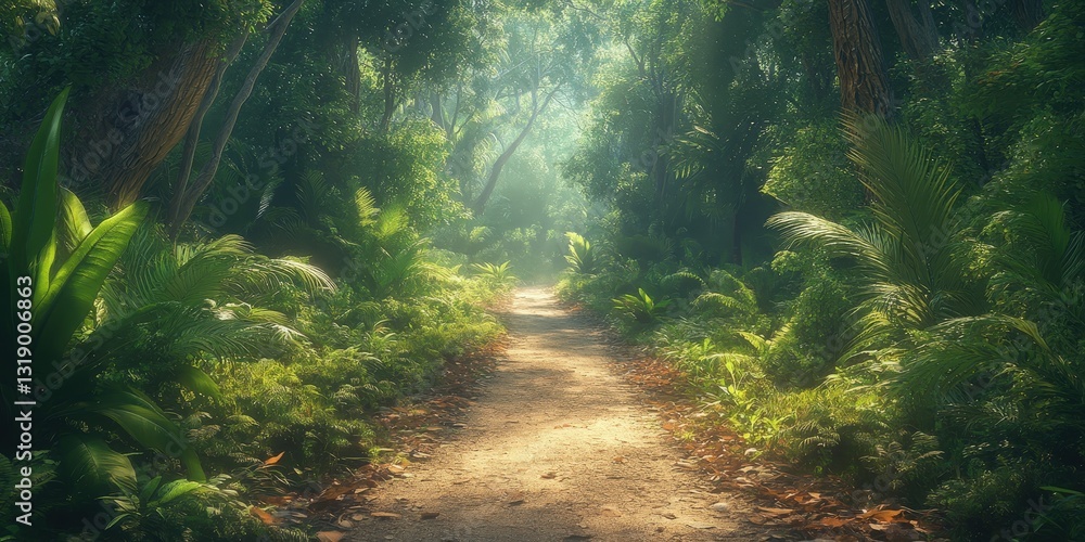 A sunlit trail winds through a verdant forest, its earthy tones enhanced by dappled light filtering through leaves. Surrounding foliage bathes in gentle warmth, inviting exploration amidst nature's sp A sunlit trail winds through a verdant forest, its earthy tones enhanced by dappled light filtering through leaves. Surrounding foliage bathes in gentle warmth, inviting exploration amidst nature's sp