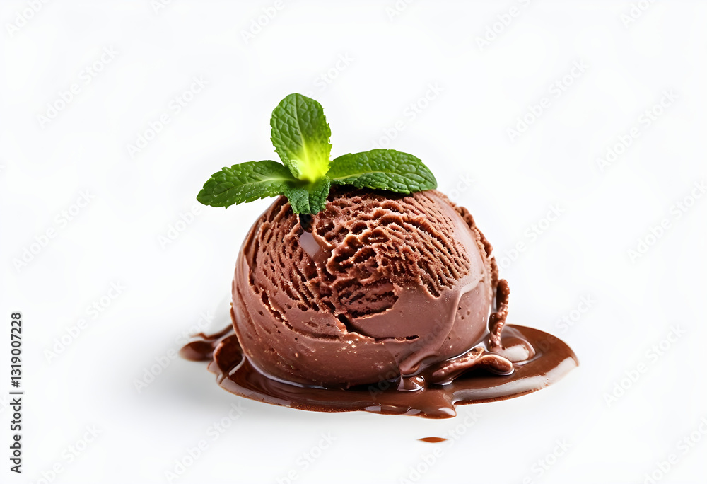 Ice cream, chocolate with mint leaf isolated on white background