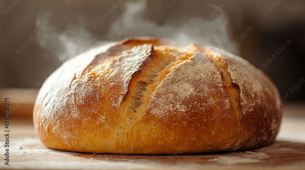 A close-up of a freshly baked round loaf of bread, with steam rising from its crust. A close-up of a freshly baked round loaf of bread, with steam rising from its crust.