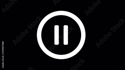 Icon pause circle is distorted. Glitch. Noise, chromatic aberration, geometric distortion. Transparent background, looped. In-Out looped. Alpha BW at the end