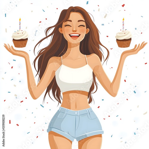 Happy girl holding cupcakes with birthday candles illustration