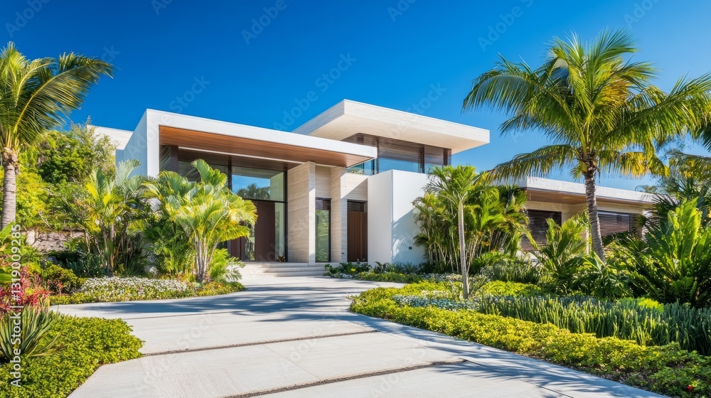Fototapeta premium Modern Luxury Home Entrance with Clean Lines, Surrounded by Greenery, Under a Clear Blue Sky, Minimalistic and Serene Design. 