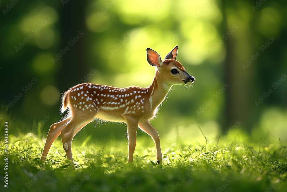 A deer fawn standing in a green meadow A deer fawn standing in a green meadow