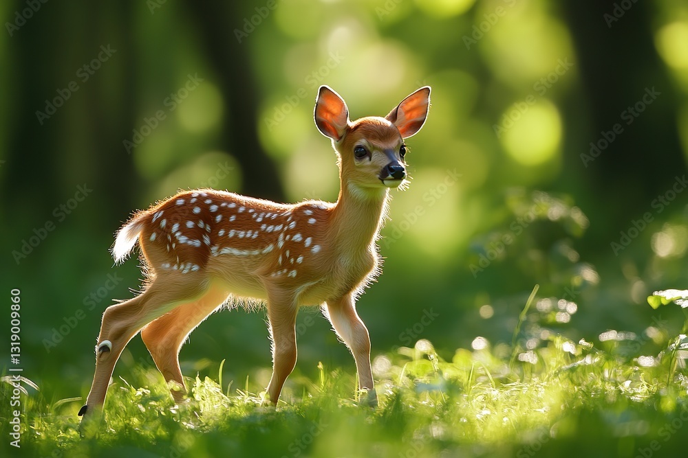 A deer fawn standing in a green meadow A deer fawn standing in a green meadow