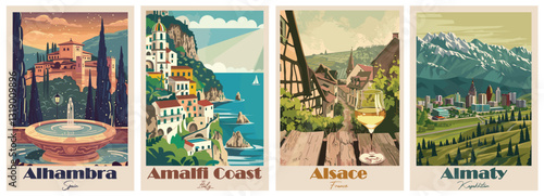 Vintage Travel Poster Collection – Alhambra, Almaty, Alsace, Amalfi Coast