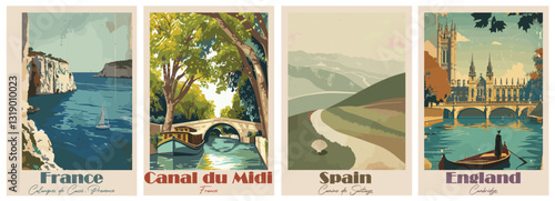 Vintage Travel Poster – Calanques de Cassis, Cambridge, Camino de Santiago, Canal du Midi