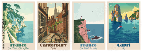 Vintage Travel Poster – Canterbury, Cap Fréhel, Cap-Ferrat, Capri