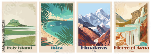 Vintage Travel Poster – Hierve el Agua, Himalayas, Holy Island, Ibiza