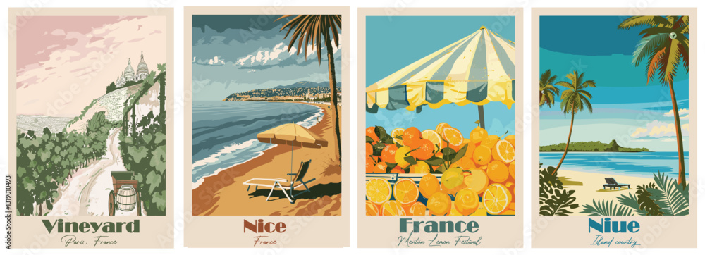 Obraz premium Vintage Travel Poster – Menton Lemon Festival, Montmartre Vineyard, Nice, Niue
