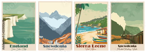 Vintage Travel Poster – Seven Sisters Cliffs, Sierra Leone, Snowdonia Mountain Railway