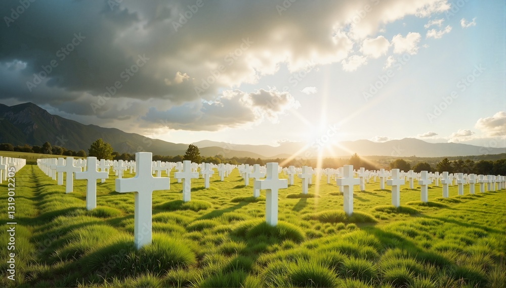 Fototapeta premium Sunlit cemetery landscape featuring rows of white crosses against a vibrant green grassy field and majestic mountains, memorial reflection concept of funeral home or event planner