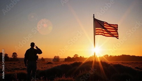 Saluting soldier in uniform honoring the American flag against a vibrant sunset background, memorial tribute concept of military organizations or veteran services