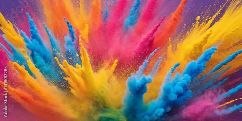 Vibrant Holi Colors Explosion with Dynamic Swirls, Colorful Powder Burst, Yellow-Blue Contrast, Pink-Cyan Clouds, Energetic Brushstrokes, Fluid Art, Bold Composition, Bright and Textured Motion photo