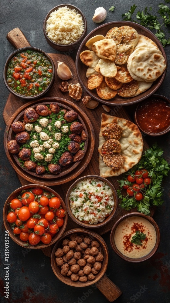 A colorful spread of traditional dishes fills the wooden table, showcasing an assortment of freshly prepared foods. Guests are sharing joy and laughter, enjoying time together A colorful spread of traditional dishes fills the wooden table, showcasing an assortment of freshly prepared foods. Guests are sharing joy and laughter, enjoying time together
