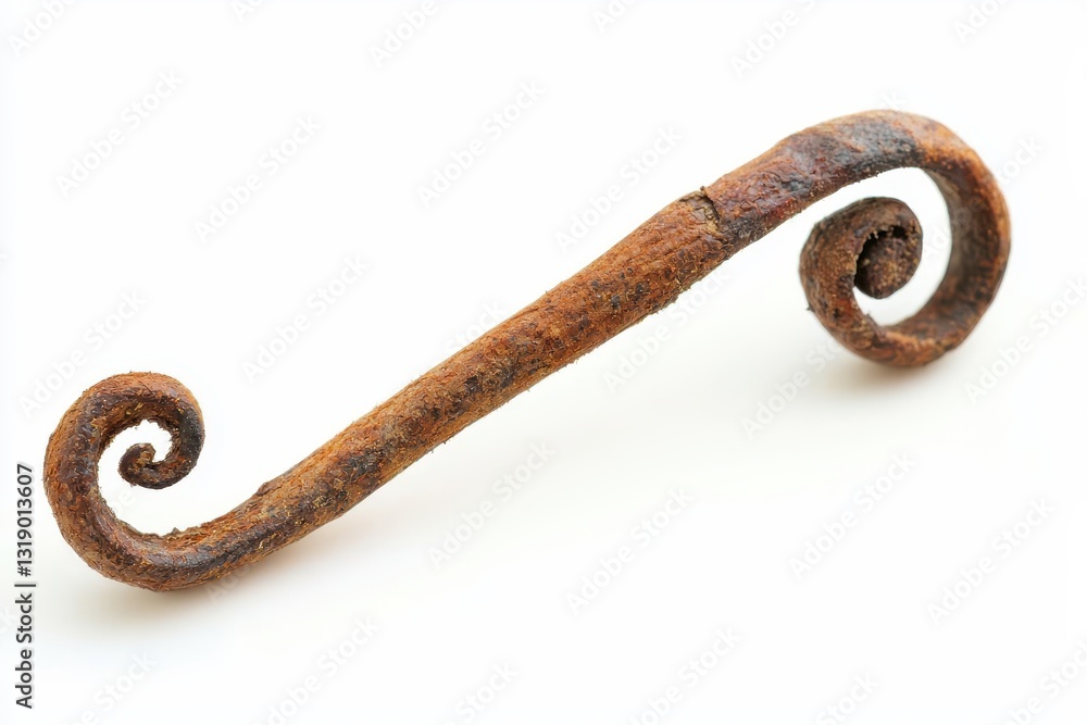 Obraz premium Rusty Metal Hook with Intricate Curl Design on White Background