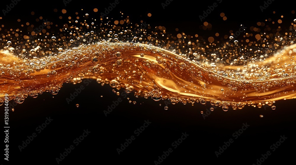 Fototapeta premium Amber liquid flowing, bubbles rising on black