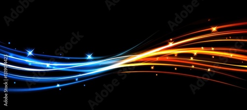 A vibrant wave of blue and orange light glides across a dark background, creating an energetic and dynamic visual effect.