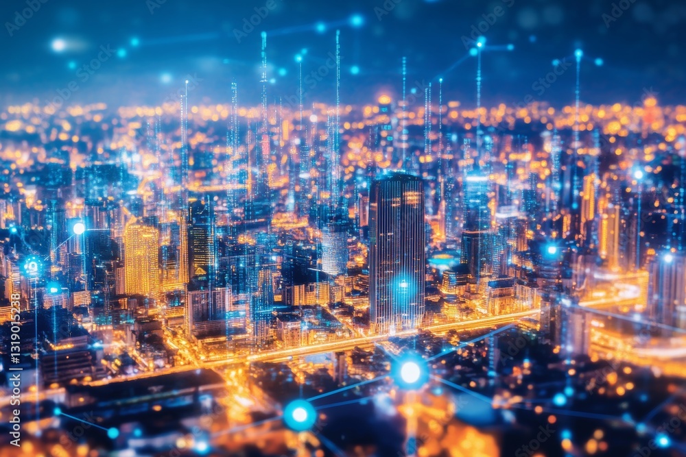 Obraz premium Cyberpunk-style digital cityscape with glowing blue gridlines 