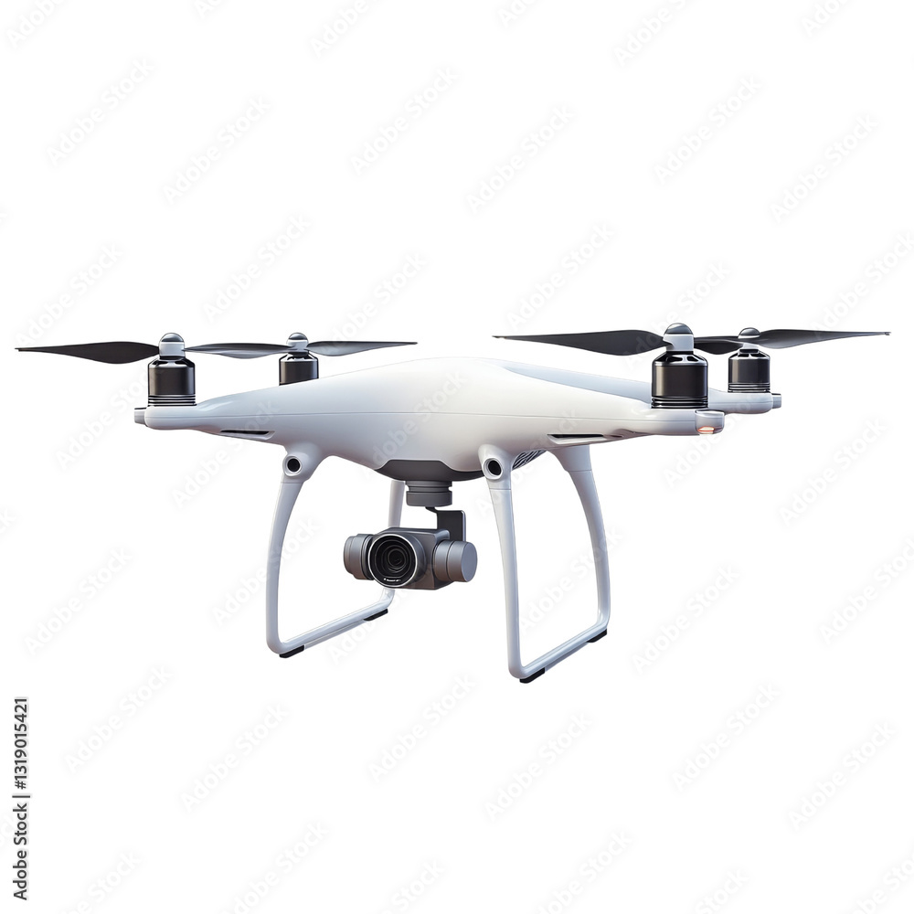 A quadcopter drone equipped with a camera for aerial photography and videography. A quadcopter drone equipped with a camera for aerial photography and videography.
