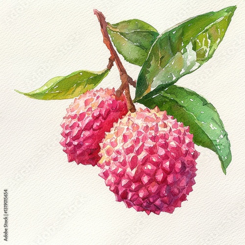 Fresh Lychee Fruits with Green Leaves in Watercolor Style