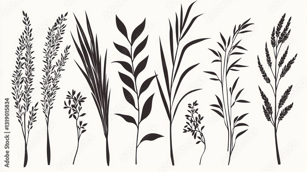 Fototapeta premium Set of Vector Silhouettes of Various Grasses and Plants