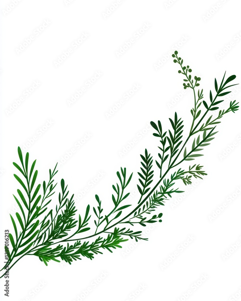 A detailed illustration of a green branch showcasing various leaves and foliage, emphasizing nature's intricate beauty. A detailed illustration of a green branch showcasing various leaves and foliage, emphasizing nature's intricate beauty.