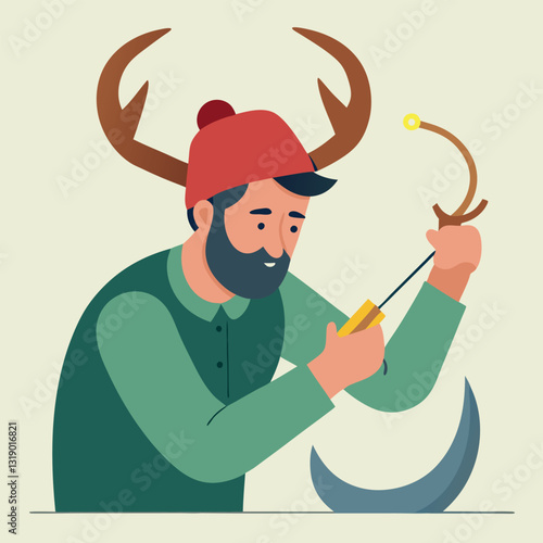 Person carving a fishing-hook-from antler campin.