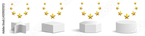 vector illustration features golden stars arranged in a curved formation above different podium stage shapes, including a cube, hexagon, cylinder, and a star-shaped base, on a white background.