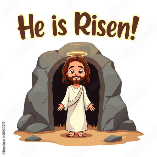 He is Risen! Adorable Cartoon Jesus in Front of Empty Tomb