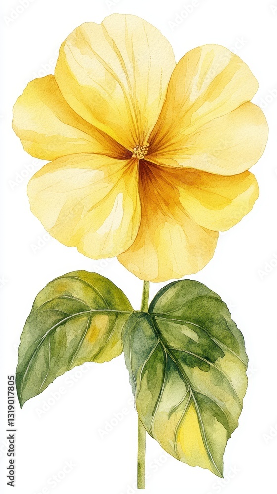 Naklejka premium Yellow Flower with Green Leaves in Watercolor Style Artwork