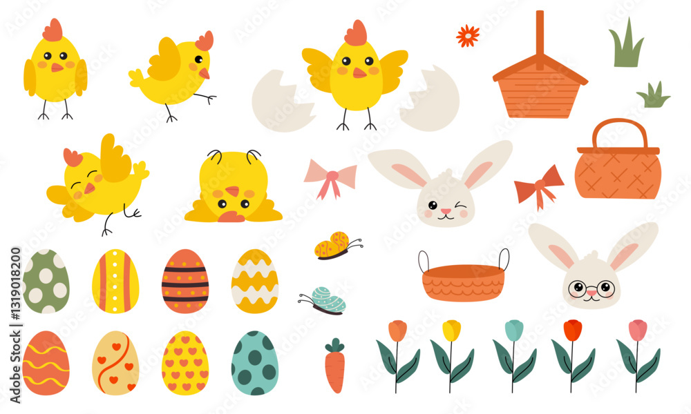 Obraz premium Easter Vector Set with Chicks, Eggs, Rabbits, and Flowers